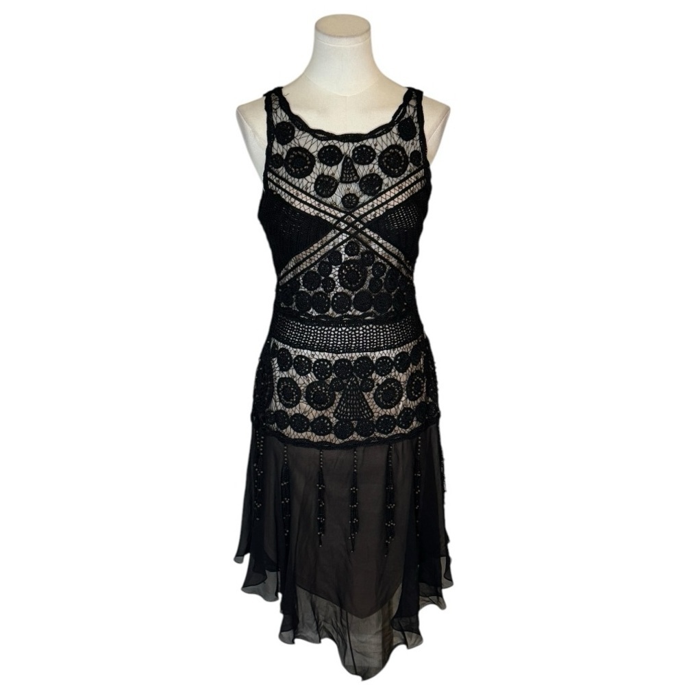 SUE WONG Beaded Lace Dress Gown Black Nude Tassels Asymmetrical Hem Midi Size M